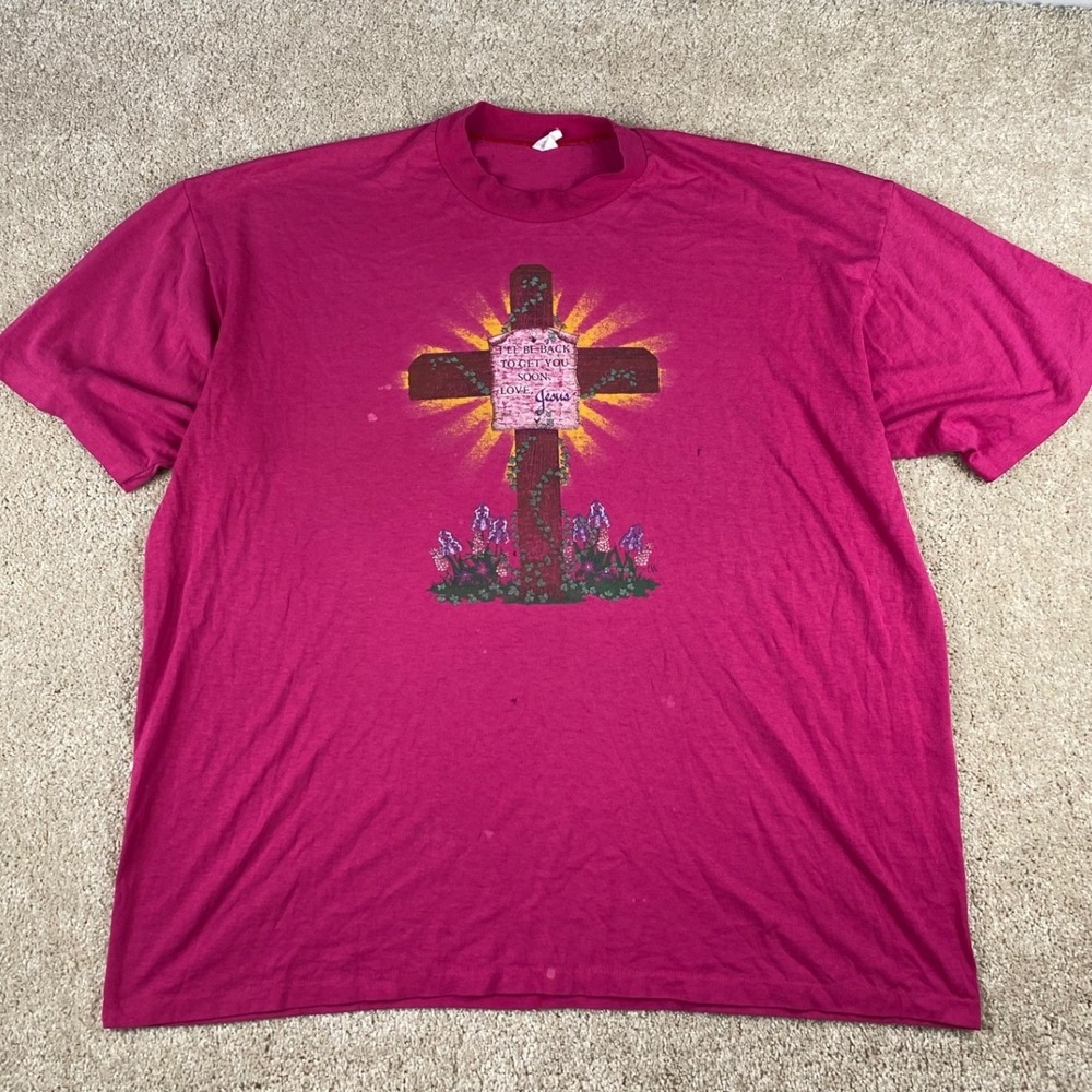 Vintage 90s Jesus Cross T Shirt Magenta Pink Single Stitch Made in USA 2XL